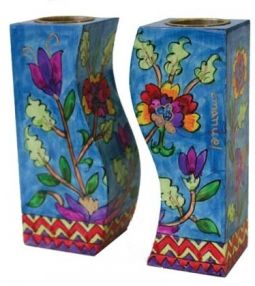 Flowers of Israel Hand Painted Wooden Fitted Shabbat Candlesticks by Yair Emanuel