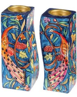 Peacocks Hand Painted Wooden Fitted Shabbat Candlesticks by Yair Emanuel