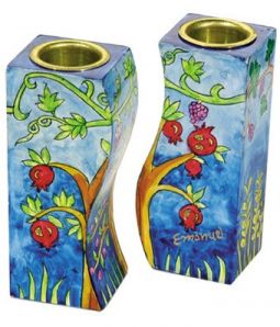 Hand Painted Wooden Fitted Shabbat Candlesticks Tree and Pomegranates by Yair Emanuel