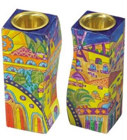 View of Jerusaelem Hand Painted Wooden Fitted Shabbat Candlesticks by Yair Emanuel