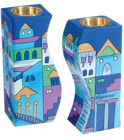 Blue Jerusalem Hand Painted Wooden Fitted Shabbat Candlesticks by Yair Emanuel