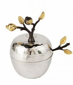 Hammered Metal Apple Shaped Honey Dish , glass insert & Spoon Pomegranate Branch Design By Emanuel