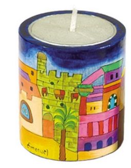 Memorial Candle Holder Jerusalem Hand Painted Wood By Emanuel