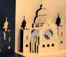 Synagogue at Subotica Jewish Papercut Pop-Up Luxury Greeting Gif Card by artist Joyce Aysta