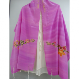 Flowers & Fruit Painted on Silk Pink Women's Tallit Tie Dyed Made in Israel by Bijoux Galilee Silks