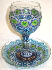 Blue Flowers Painted Glass Kiddush Cup with Saucer Hand Made in Israel By Nurit Naor