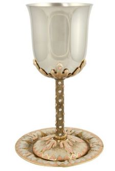 Exquisite Jeweled Kiddush Cup 6.25" High & Tray in Bridal Gold