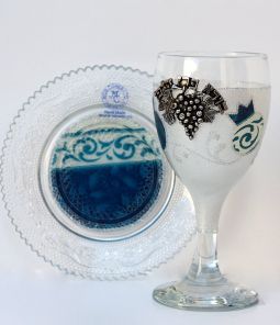 Designer Painted Glass Kiddush Cup with Saucer Hand Made in Israel By Racheli