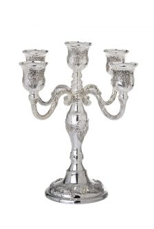 5 Branches Shabbat Candelabra Candleholder 9"  Silver Plated  Grapes Design