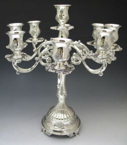 9 Branch Candelabra / Candleholder Floral Design Silver Plated Height: 15.5"
