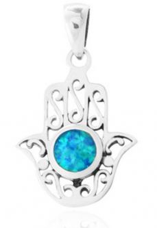 925 Sterling Silver & Opal Hamsa Pendant Necklace 18" Made in Israel