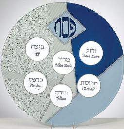 Blue Glass Seder Plate with Silver Glitter Accents
