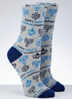Happy Chanukah Adult Crew Socks Menorahs and Dreidels