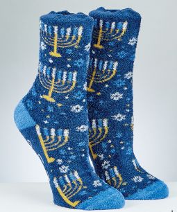 Chanukah Cozy Slipper Socks, Menorah Design Fits sock size: 10-13