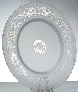 sold out Artistic Glass Round Passover Plate "PESACH" With Silver Floral Motif