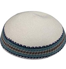 Crochet Knit Kippah Yarmulke 7.5" White With Brown, Gray, Turquoise & Blue Around Design may vary