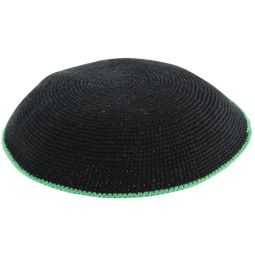 Crochet Knit Kippah Yarmulke Black with Green Stripe Around