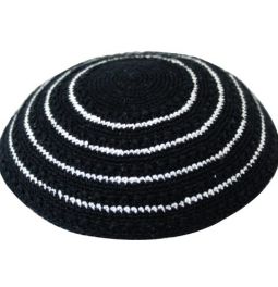 Crochet Kippah Yarmulke Black with White Stripes