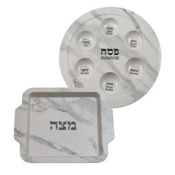 Bamboo Passover Seder and Matzah Plates White Marble Set of 2