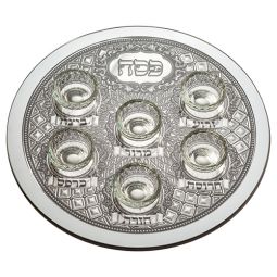 Glass Passover Sederplate with Metal Plaque and 6 Crystal dishes