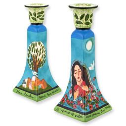 Designer Colorful Ceramic Shabbat Candlesticks  Eishet Chayil The Woman of Valor