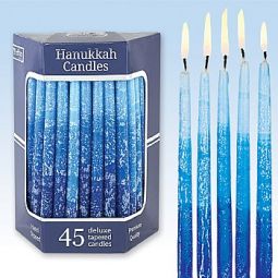 Premium Tapered Hand Decorated Multi Blue Hued Frosted Chanukah candles 5" Set of 45