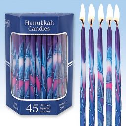 Deluxe Tapered Multi Hued Frosted Chanukah Candles Purple and Teal with a Splash of Pink Hand Decora