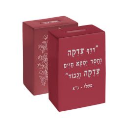 Contemporary Anodized Aluminum Tzedakah Box Square with Laser  Print Maroon By Yair Emanuel