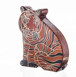 Colorful  Tooled Leather Tzedakah Box Tiger Hand Crafted by CASHBAH