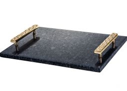 MARBLE CHALLAH BOARD BLACK WITH GOLD HANDLE