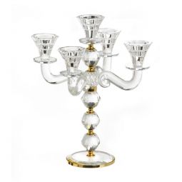 5 Branch Crystal Candelabra Shabbat Candleholder with Golden Rings 12"H