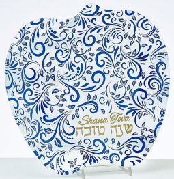 Rosh Hashanah Glass Apple Plate with Blue and Gold Design