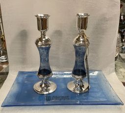 925 Sterling Silver Fused Glass Shabbat Candlesticks & Tray Hand Made in Israel by Sherman