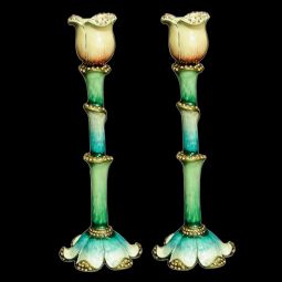 Jeweled Green Enamel Shabbat Candlesticks "Flowers" 8"