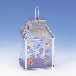 Artistic Glass & Pressed Wild Flowers Metal Tzedakah Charity Box