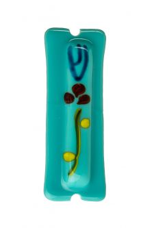 ART Glass Mezuzah Turquoise with Blue Shin & Flower Hand Made in Colombia Kosher Parchment included
