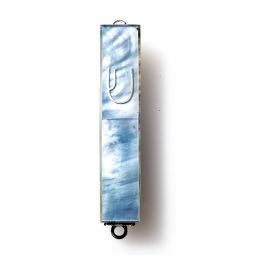 BLUE MOTHER OF PEARL MINI STERLING SILVER MEZUZAH 3" high Kosher parchment included