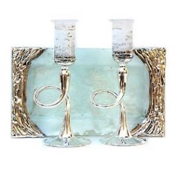 925 Sterling Silver & Fused Glass Shabbat Candlesticks Tray Hand Made in Israel by Sherman
