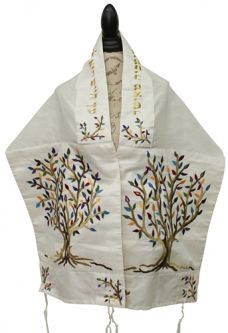 Silk Embroidered Cotton Poly Tallit "Tree of Life Multicolor" Made in Israel By Emanuel