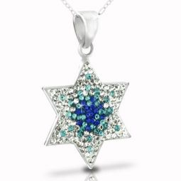 Shades of Blue & White Swarovski Crystals 925 Sterling Silver Jewish Star of David Necklace