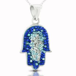 Multicolored Blue & White Swarovski Stones Hamsa 925 Sterling Silver Jewish Necklace