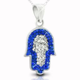 Royal Blue & White Swarovski Crystals Hamsa 925 Sterling Silver Jewish Necklace