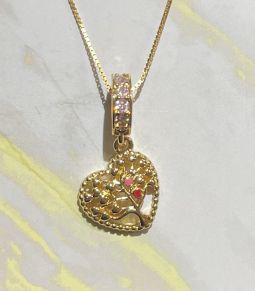 Gold Plated 925 Sterling Silver  Necklace Heart Tree of Love Pink Swarovski Stones