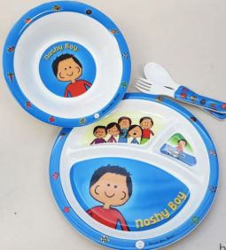 Noshy Boy Kids Melamine 4 Piece Set of Plate, Bowl, Fork and Spoon- Great Children's Gift