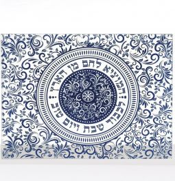Tempered Glass Challah Board Tray Blue Damask Pattern