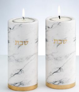 Ceramic Shabbat Candlesticks 5.5" Marble Design Gold Accents Set of 2