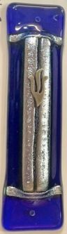 Art Deco Glass Mezuzah Parting of the Sea Blue Silver By Tamara Baskin Kosher Parchment Included