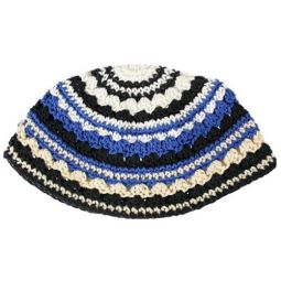 100% Cotton Thick Knit Frik Crochet Kippah Yarmulke Black -  Blue - White Striped Design
