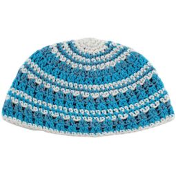 100% Cotton Thick Knit Crochet Frik Kippah Yarmulke in Turquoise White  10" diameter