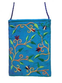 Floral Design Embroidered Shabbos Bag in Turquoise Silk 8.3" x 6.3" By Yair Emanuel